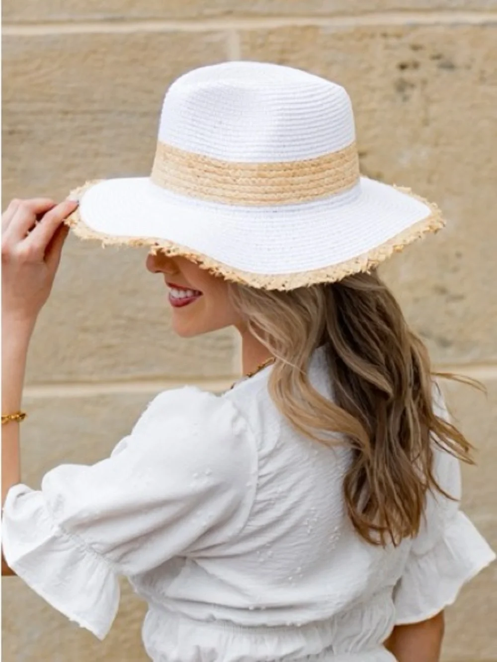 White and Natural Straw Wide Brim Sun Hat - Women Accessories